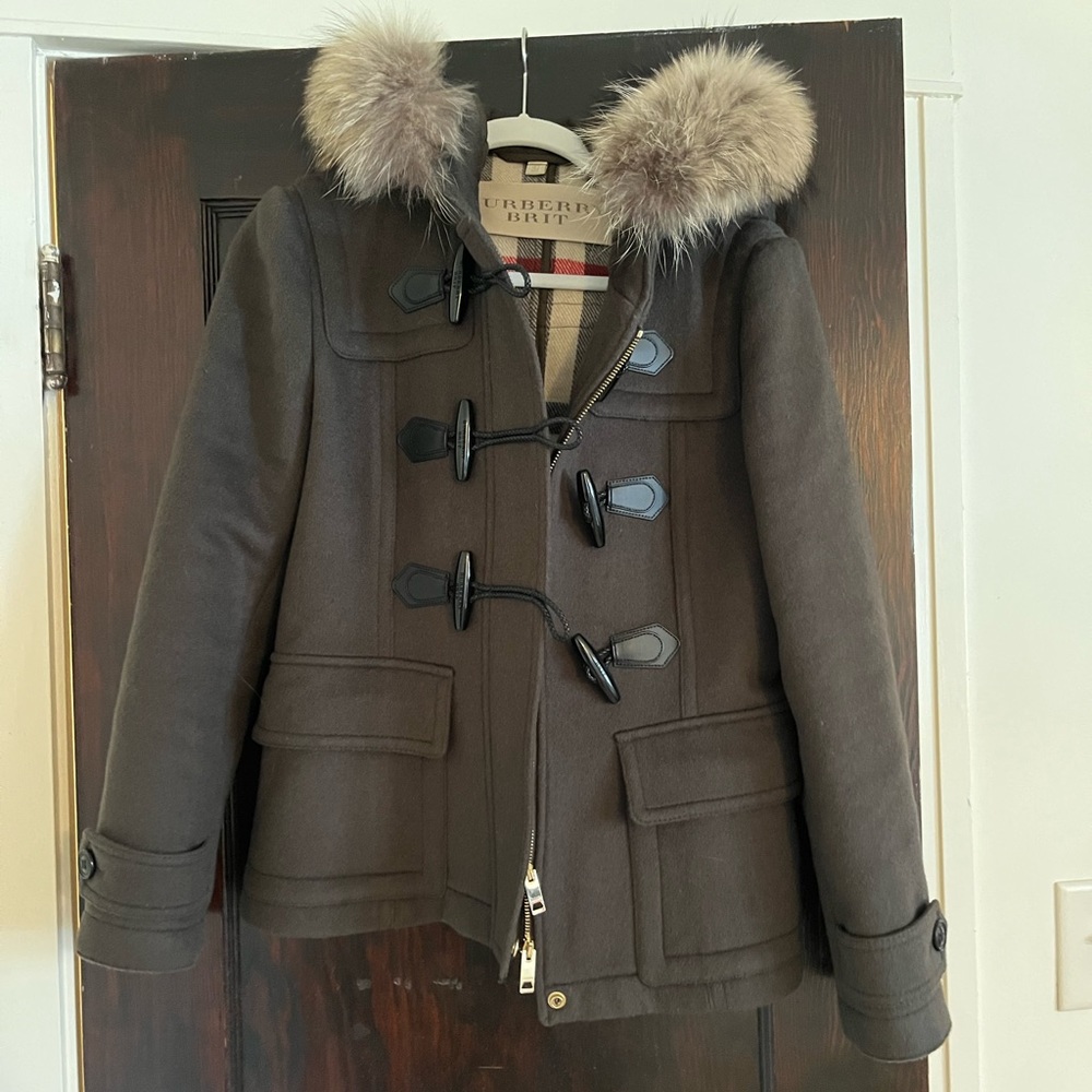 Burberry Dark Green Wool Toggle Coat with Fur Trim